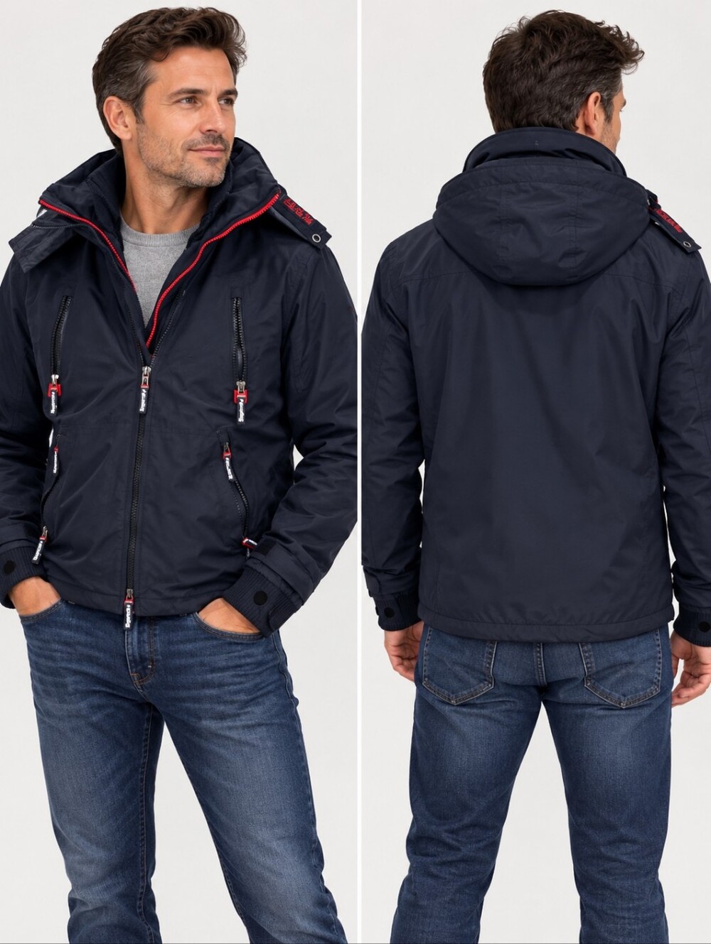Superdry Men's Navy Hooded Raincoat with Red Accent Sz L Ugg